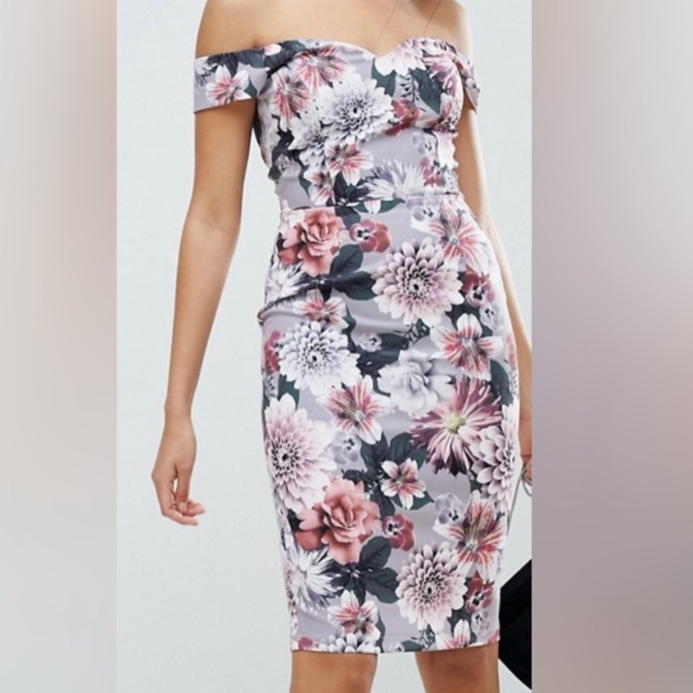 Paper Dolls Lavender Pink Purple Floral Print Bardot Midi Pencil Dress US6 UK10